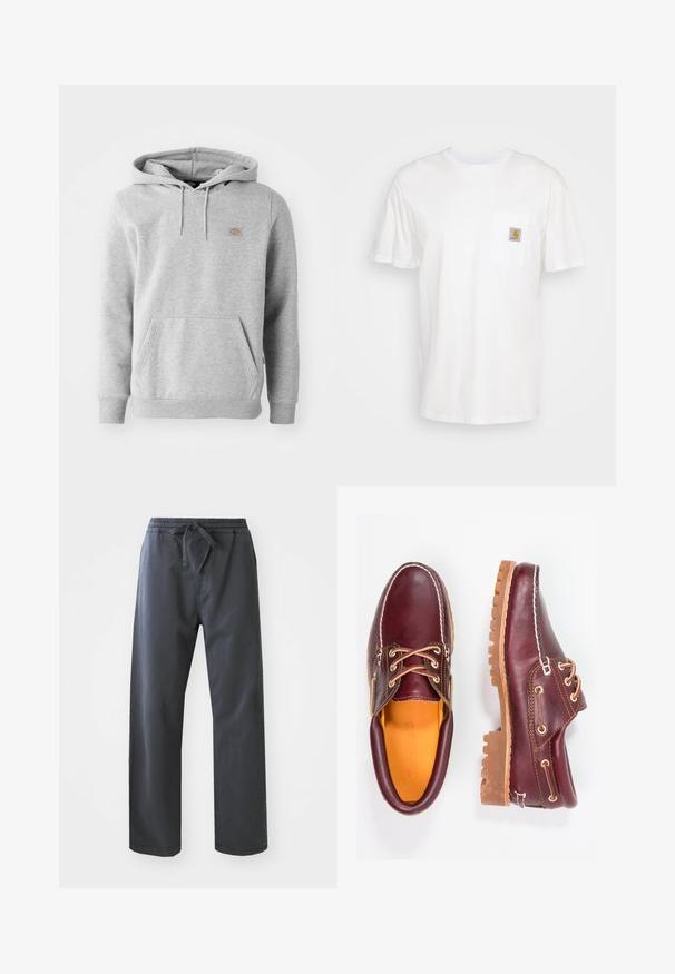 Grijze hooded sweatshirt van fleecemateriaal, met een voorzak, geribde manchetten en een klein logo op de borst.; Witte katoenen t-shirt met korte mouwen, een borstzak en een klein vierkant logo-opdruk in oranje en wit op de zak.; Zwarte, elastische broek met een trekkoord, met een rechte pijpdesign en een zachte textuur. Geen zichtbare zakken of patronen.; Bordeaux leren schoenen met bruine rubberen zolen, ronde neus, witte stiksels en gouden veterogen. Het interieur heeft een gele voering.