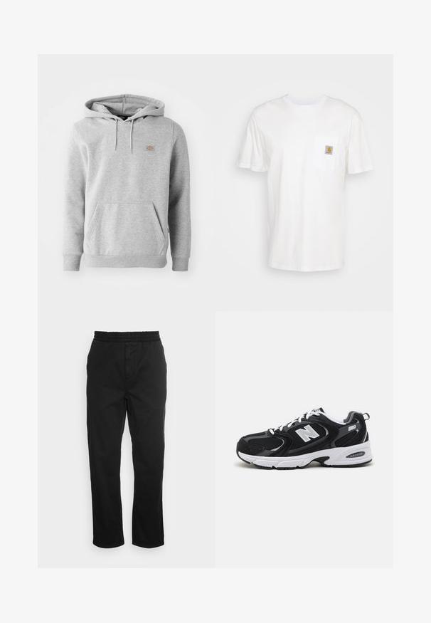 Grauer Kapuzenpullover aus Fleece-Material, mit einer Vorderseite-Tasche, gerippten Bündchen und einem kleinen Logo auf der Brust.; Weißes Baumwoll-T-Shirt mit kurzen Ärmeln, einer Brusttasche und einem kleinen quadratischen Logopatch in Orange und Weiß auf der Tasche.; Schwarze Baumwollhose mit elastischem Bund, geraden Beinen und seitlichen Taschen. Glatte Textur ohne Muster oder Akzente.; Schwarze und graue Sportschuhe mit Obermaterial aus Mesh und Wildleder, ausgestattet mit einer weißen Zwischensohle, Schnürsenkeln und einem markanten "N"-Logo an der Seite.