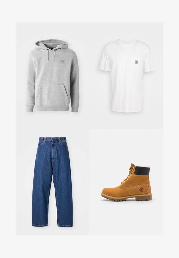 Sudadera con capucha gris de material de felpa, con un bolsillo frontal, puños acanalados y un pequeño logo en el pecho.; Camiseta de algodón blanca con mangas cortas, un bolsillo en el pecho y un pequeño parche cuadrado de logo en naranja y blanco en el bolsillo.; Jeans de pierna ancha de denim en azul oscuro. Presentan una cintura alta, trabillas para cinturón y un diseño clásico de cinco bolsillos. Bajo cosido con un acabado limpio.; Botín de cuero marrón con ojales de metal, forro de piel sintética blanca, cuello acolchado negro, suela resistente y logotipo en relieve en el costado.