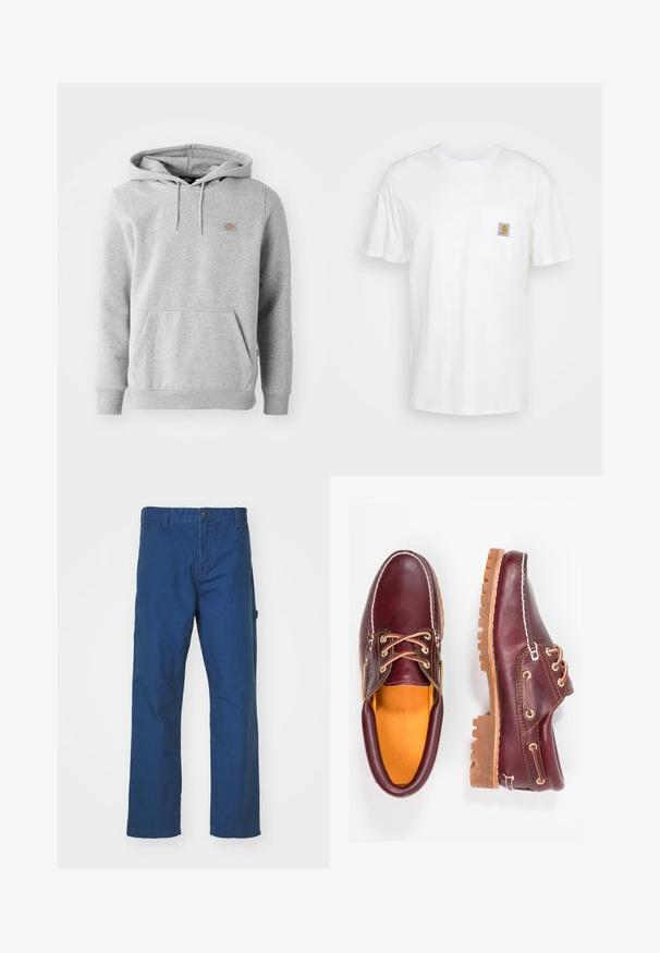 Grå hættebluse i fleece-materiale med en frontlomme, ribbede ærmer og et lille logo på brystet.; Hvid bomulds T-shirt med korte ærmer, en brystlomme, og et lille firkantet logo patch i orange og hvid på lommen.; Blå bomuldstwill bukser med lige ben-design, der har en knaplukning og sidelommer. Glat tekstur, ingen synlige mønstre eller accenter.; Bordeaux lædersko med brune gummisåler, rund tå, hvid syning og gyldne snøringer. Indersiden har et gult for.