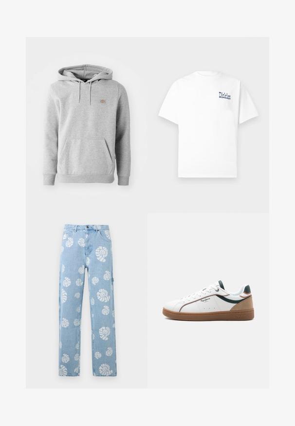 Grijze hooded sweatshirt van fleecemateriaal, met een voorzak, geribde manchetten en een klein logo op de borst.; Wit T-shirt met korte mouwen en ronde hals, met blauwe "Dickies" tekst op de linkerborst. Gemaakt van zacht katoen, eenvoudig ontwerp.; Lichtblauwe jeans van denim met witte spiraalschelppatronen, rechte pijpen, voorzakken en riemlussen.; Witte lage sneaker met een bruine zool, groene en beige accenten, witte veters en het "Pepe Jeans London"-logo aan de zijkant.