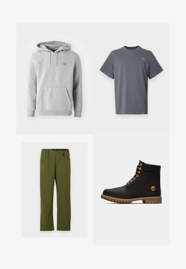 Grauer Kapuzenpullover aus Fleece-Material, mit einer Vorderseite-Tasche, gerippten Bündchen und einem kleinen Logo auf der Brust.; Graues Baumwoll-T-Shirt mit kurzen Ärmeln und Rundhalsausschnitt, mit kleinem goldfarbenem Logo auf der linken Brust. Glatte Textur und schlichtes Design.; Olivgrüne gerade geschnittene Hose mit elastischem Bund und schwarzem verstellbarem Schnallen-Gürtel, Vorder- und Seitentaschen, Details in der vorderen Naht.; Schwarze Leder-Ankle-Boots mit goldenen Ösen, braunen Akzenten und einer Gummisohle. Verfügt über einen gepolsterten Schaft und ein geprägtes Logo an der Seite.