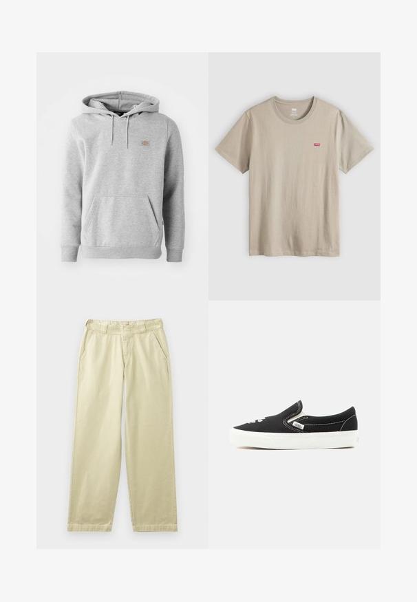 Sweatshirt à capuche gris en matière polaire, avec une poche frontale, des poignets côtelés et un petit logo sur la poitrine.; T-shirt en coton beige à manches courtes, col rond, avec un petit logo rouge Levi's sur le côté gauche de la poitrine. Texture lisse, design décontracté.; Pantalon en coton beige à coupe décontractée, avec poches latérales, passants pour ceinture et jambes droites. Texture lisse avec des détails de couture minimaux.; Baskets à enfiler Vans noires avec semelle en caoutchouc blanche, coutures blanches et accents élastiques sur les côtés, vues de l'extérieur.