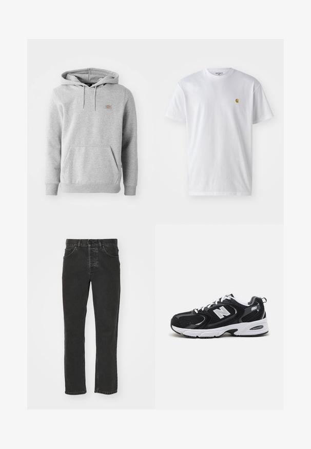 Sudadera con capucha gris de material de felpa, con un bolsillo frontal, puños acanalados y un pequeño logo en el pecho.; Camiseta de algodón blanca con mangas cortas, cuello redondo, que presenta un pequeño logo dorado en la parte izquierda del pecho. Textura suave y corte regular.; Jeans de mezclilla negra con un diseño de pierna recta, estilo clásico de cinco bolsillos, cintura con botón y acabado desgastado. Textura suave, sin patrones visibles.; Zapatillas deportivas en negro y gris con parte superior de malla y ante, que cuentan con una entresuela blanca, cordones y un llamativo logo "N" en el lateral.