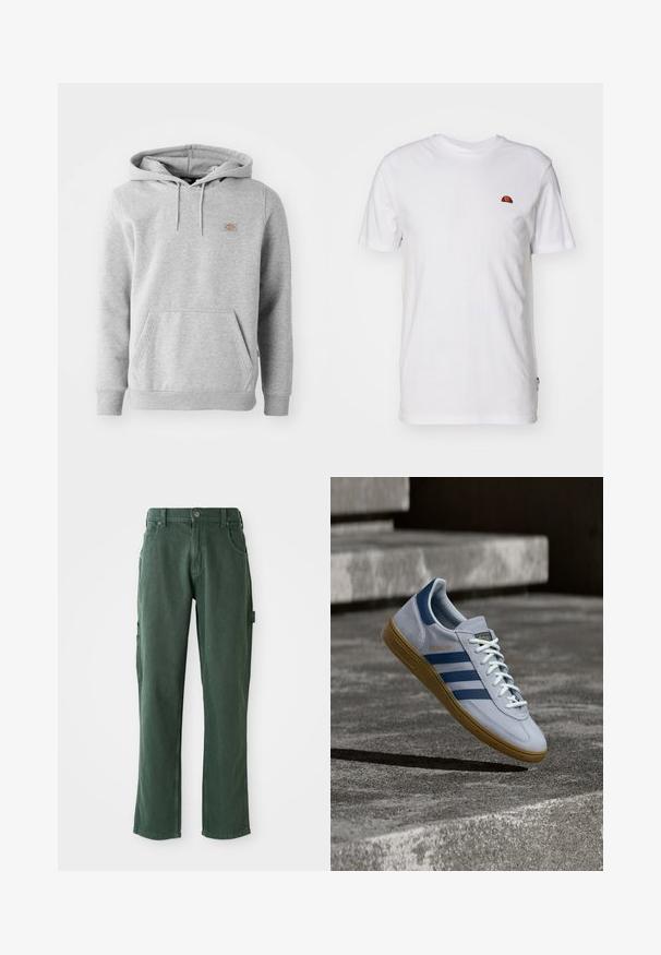 Grå hættebluse i fleece-materiale med en frontlomme, ribbede ærmer og et lille logo på brystet.; Enkelt hvid t-shirt med korte ærmer med et lille rødt og orange halvcirkel-logo på øverste venstre brystområde.; Grønne cargo bukser lavet af bomuldsblanding, med en lige ben skæring, lommer og tonalt syning. Glat tekstur med subtil glans.; Lyseblå Adidas Spezial sneakers med marineblå striber og gummisål, vist i luften over betontrapper i et neutralt udendørsmiljø.