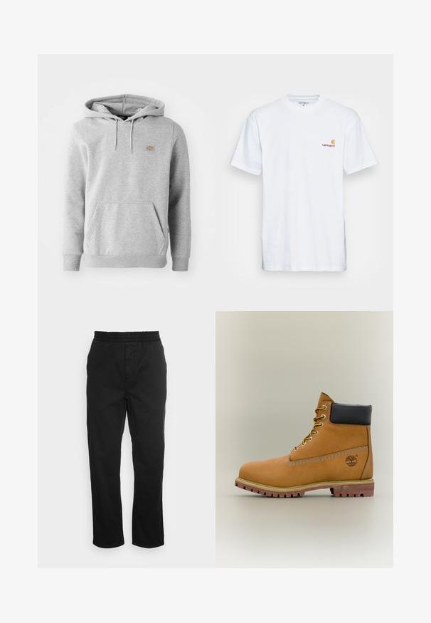 Grå hættebluse i fleece-materiale med en frontlomme, ribbede ærmer og et lille logo på brystet.; Hvid bomulds t-shirt med korte ærmer. Designet med et lille orange og maroon logo på venstre bryst. Har en klassisk rund hals.; Sorte bomuldsbukser med elastisk talje, lige ben og sidelommer. Glat tekstur uden mønstre eller accenter.; Brun læderankelstøvle med sort krave, gule snørebånd og tanfarvet sål. Har logo og hvide syninger som detalje. Robust ydersål med greb.