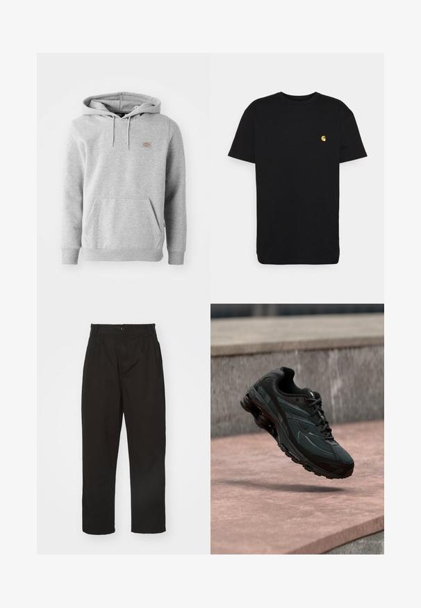 Sudadera con capucha gris de material de felpa, con un bolsillo frontal, puños acanalados y un pequeño logo en el pecho.; Camiseta de algodón negra con mangas cortas, cuello redondo y un pequeño logo amarillo en el área del pecho izquierdo. Diseño simple y ajuste regular.; Pantalones negros de tela suave, con cierre de botón, corte recto y dos pliegues frontales que añaden detalle.; Zapatilla deportiva negra con entresuela visible con amortiguación de aire que flota sobre una superficie de piedra rosa con un fondo de pared de piedra gris.