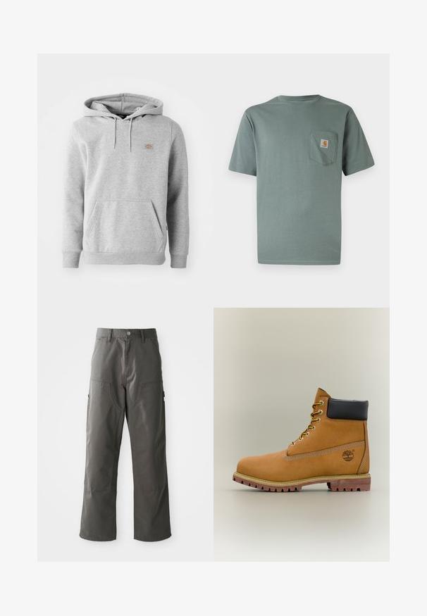 Sudadera con capucha gris de material de felpa, con un bolsillo frontal, puños acanalados y un pequeño logo en el pecho.; Camiseta de manga corta de color verde claro hecha de algodón con un bolsillo en el pecho que lleva un parche con el logo. Textura suave y diseño clásico de cuello redondo.; Pantalones cargo grises con un diseño de pierna recta, que cuentan con dos bolsillos frontales y bolsillos laterales adicionales para almacenamiento. Fabricados con un tejido duradero.; Bota de tobillo de cuero marrón con cuello negro, cordones amarillos y suela beige. Presenta un logotipo y detalles de costura blanca. Suela exterior con tracción robusta.