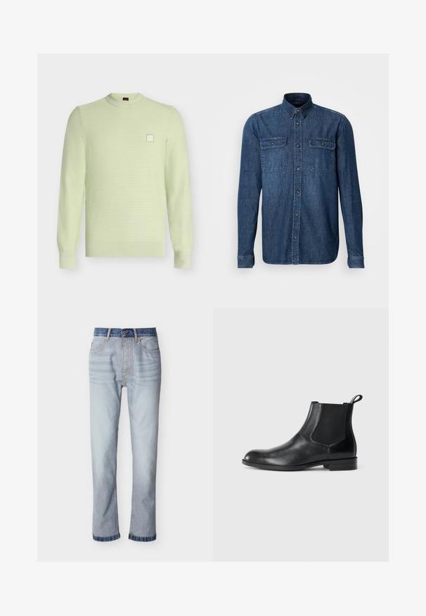 Pull en maille vert clair à col rond et manches longues, avec un motif texturé subtil et un petit patch logo carré sur la poitrine.; Chemise en denim à manches longues, bleu foncé, avec deux poches poitrine à rabat, fermeture à boutons sur le devant, col classique et détails cousus sur les poignets.; Jean denim bleu clair avec une ceinture bleu foncé, coupe droite, cinq poches et détails de couture visibles.; Bottine en cuir noir avec des panneaux latéraux élastiques, bout rond et tirette. Texture lisse, semelle plate, design minimaliste.