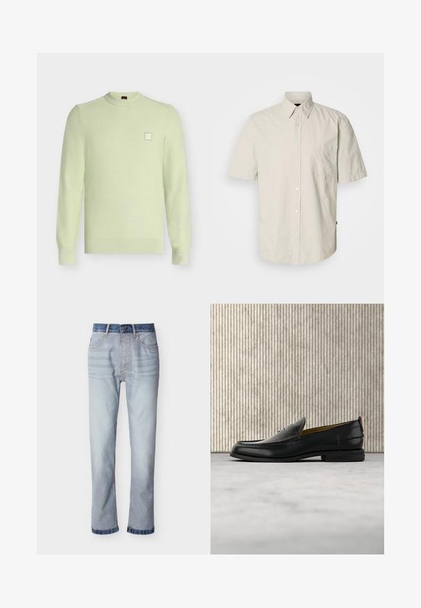 Pull en maille vert clair à col rond et manches longues, avec un motif texturé subtil et un petit patch logo carré sur la poitrine.; Chemise beige clair à manches courtes avec boutons, une poche poitrine unique et un col pointu classique, présentée sur un fond blanc.; Jean denim bleu clair avec une ceinture bleu foncé, coupe droite, cinq poches et détails de couture visibles.; Mocassin pour homme en cuir noir avec un dessus embossé effet croco et un petit talon, présenté de profil sur un fond neutre.