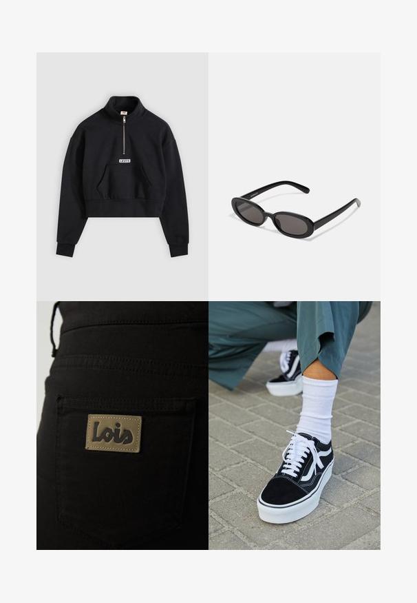 Sweatshirt noir court en mélange de coton. Comprend une demi-fermeture éclair, un col montant et une poche kangourou à l'avant avec une étiquette logo blanche.; Pantalons en tissu noir dotés d'une poche arrière avec une étiquette beige embossée du mot "Lois" en lettres foncées. Détails de couture visibles.; Baskets en suède noir avec des accents et des lacets blancs, présentant une épaisse semelle blanche et des coutures contrastantes, associées à une chaussette blanche.; Even&Odd by Zalando Lunettes de soleil - black
