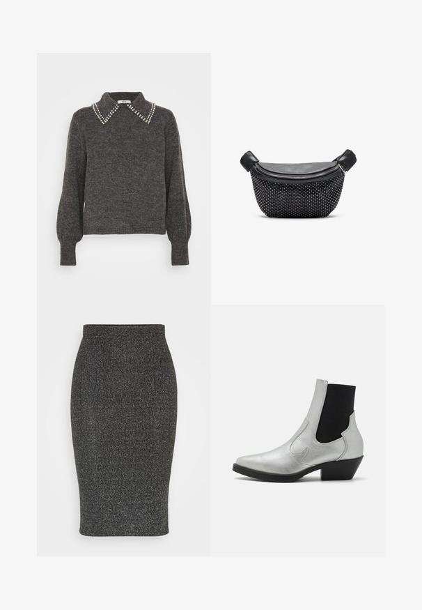 Suéter gris oscuro de punto texturizado, con un collar adornado con acentos de perlas y mangas abullonadas, puños acanalados y dobladillo.; WAL G. PARTY ROYAL GLITTER MIDI SKIRT - Falda de tubo - silver; ONLY SHOES ONLBRONCO SHORT - Botines camperos - silver; Bolso de mano negro con parte superior de cuero liso y base texturizada cubierta de tachuelas plateadas, que cuenta con un cierre de cremallera y doble asa.