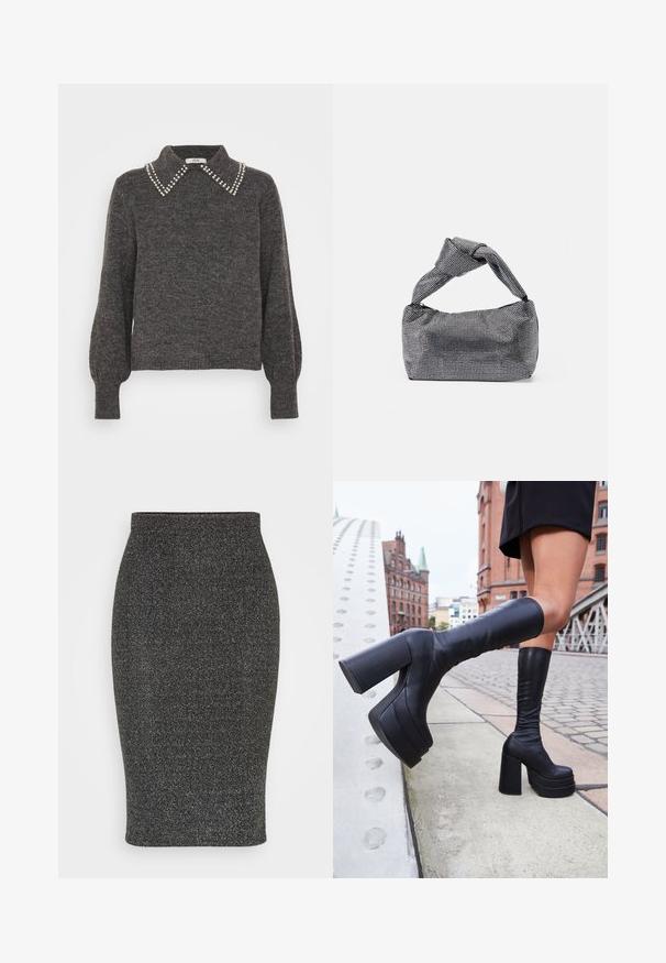 Suéter gris oscuro de punto texturizado, con un collar adornado con acentos de perlas y mangas abullonadas, puños acanalados y dobladillo.; WAL G. PARTY ROYAL GLITTER MIDI SKIRT - Falda de tubo - silver; Botas de plataforma negras hasta la rodilla, hechas de cuero suave, con gruesos tacones cuadrados y un diseño elegante, situadas frente a un fondo de ciudad.; Bolso de mano negro y plateado con una superficie texturizada que presenta un patrón de diamante, un asa anudada y una forma estructurada.
