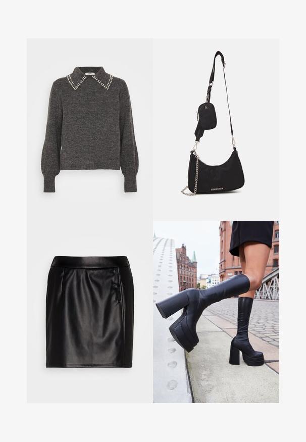 Suéter gris oscuro de punto texturizado, con un collar adornado con acentos de perlas y mangas abullonadas, puños acanalados y dobladillo.; VILA VITALLA BUTTON SKIRT - Minifalda - black/silver; Botas de plataforma negras hasta la rodilla, hechas de cuero suave, con gruesos tacones cuadrados y un diseño elegante, situadas frente a un fondo de ciudad.; Bolso de hombro negro de nailon con una forma curvada, acento de cadena plateada, mini bolsa desmontable y correa ajustable; presenta el logo "Steve Madden".