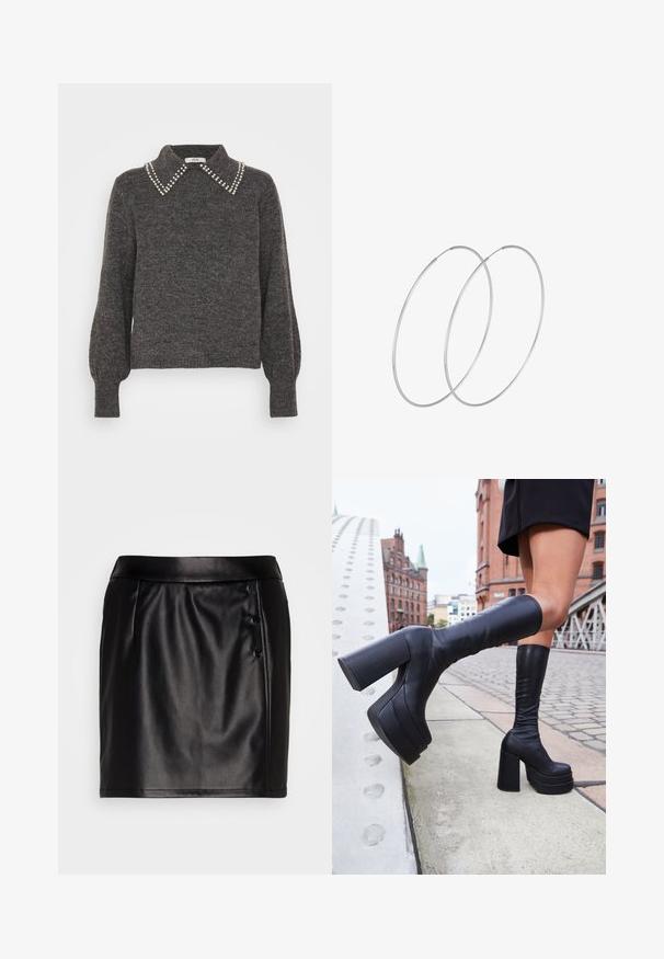 Suéter gris oscuro de punto texturizado, con un collar adornado con acentos de perlas y mangas abullonadas, puños acanalados y dobladillo.; VILA VITALLA BUTTON SKIRT - Minifalda - black/silver; Botas de plataforma negras hasta la rodilla, hechas de cuero suave, con gruesos tacones cuadrados y un diseño elegante, situadas frente a un fondo de ciudad.; Pendientes de aro plateados con un diseño minimalista. Forma circular, textura suave y perfil delgado. Livianos con un acabado pulido.