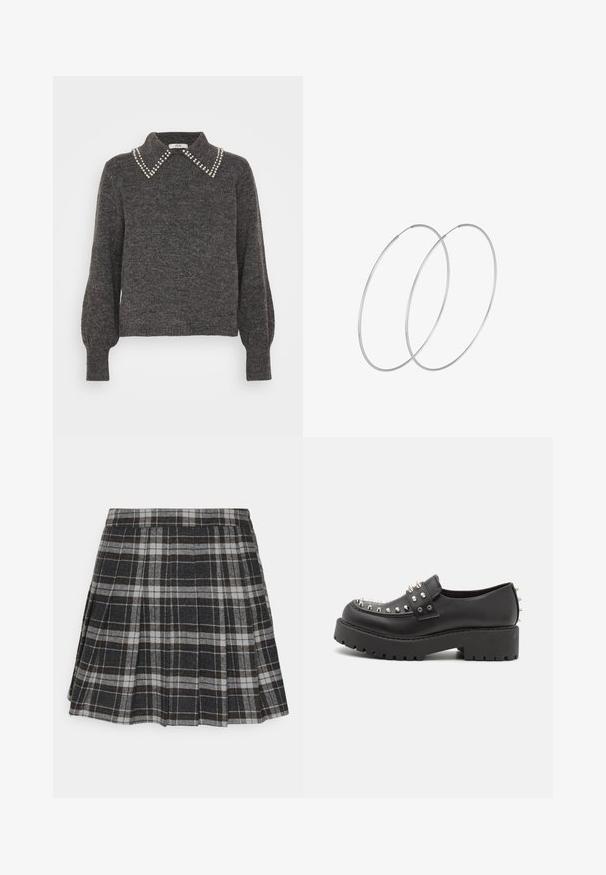 Suéter gris oscuro de punto texturizado, con un collar adornado con acentos de perlas y mangas abullonadas, puños acanalados y dobladillo.; ONLY ONLCHELSEA - Falda plisada - black/white; Monki Zapatos sin cordones - black dark; Pendientes de aro plateados con un diseño minimalista. Forma circular, textura suave y perfil delgado. Livianos con un acabado pulido.