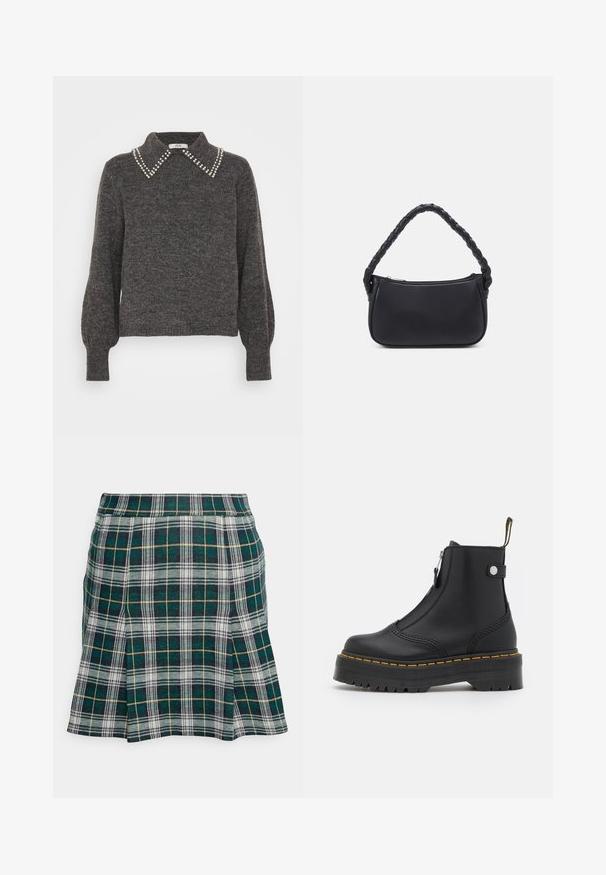 Suéter gris oscuro de punto texturizado, con un collar adornado con acentos de perlas y mangas abullonadas, puños acanalados y dobladillo.; Hollister Co. PLEATED MINI SKIRT - Minifalda - green; Botín negro de cuero suave, con cremallera lateral, costuras amarillas y suela de goma gruesa y estriada.; Bolso negro de forma redondeada, hecho de material liso. Presenta un asa trenzada y un cierre de cremallera para un almacenamiento seguro.