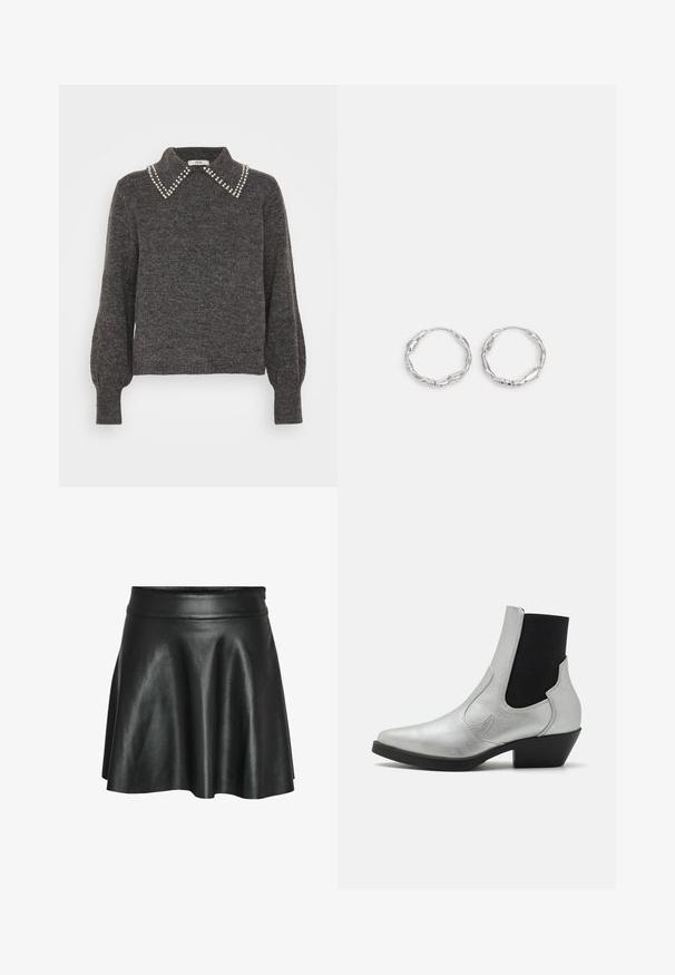 Suéter gris oscuro de punto texturizado, con un collar adornado con acentos de perlas y mangas abullonadas, puños acanalados y dobladillo.; Falda negra de cuero sintético con diseño acampanado en línea A, que presenta una textura lisa y brillante y una pretina ajustada.; ONLY SHOES ONLBRONCO SHORT - Botines camperos - silver; Pendientes de aro plateados con textura ondulada e irregular. Presentan una forma circular delgada y un acabado reflectante.