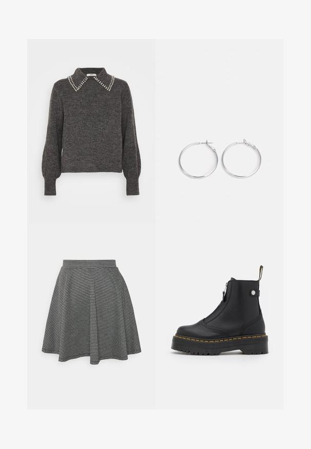 Suéter gris oscuro de punto texturizado, con un collar adornado con acentos de perlas y mangas abullonadas, puños acanalados y dobladillo.; Falda de patinadora a cuadros en blanco y negro con cintura ajustada y dobladillo acampanado, hecha de una tela texturizada que muestra un patrón clásico.; Botín negro de cuero suave, con cremallera lateral, costuras amarillas y suela de goma gruesa y estriada.; sweet deluxe EARRING - Pendientes - silver-coloured