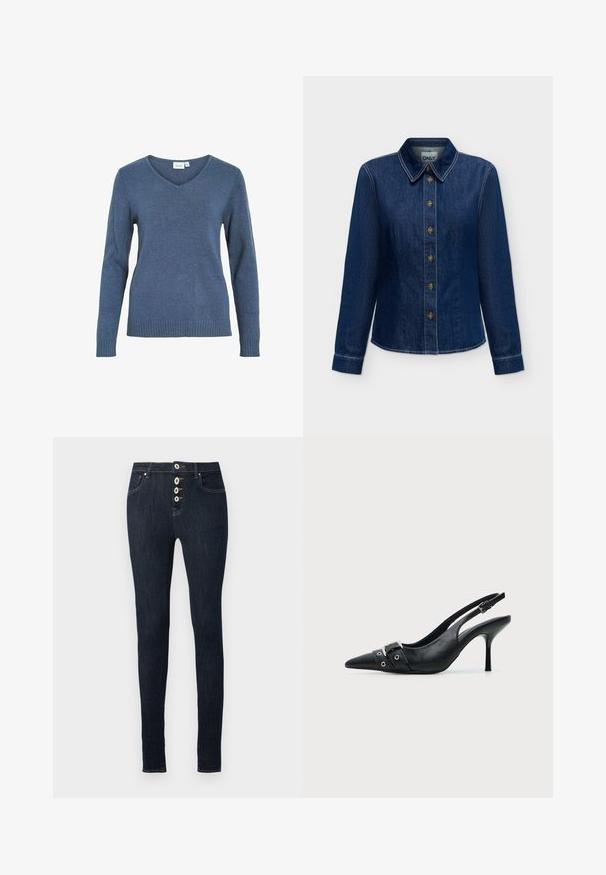 Suéter azul de cuello en V, hecho de una suave tela de punto. Presenta mangas largas y un dobladillo acanalado. Diseño simple sin patrones o acentos adicionales.; Camisa de mezclilla azul oscuro de manga larga con botones en la parte delantera y cuello, costuras visibles y etiqueta de la marca dentro del escote.; Vaqueros ajustados de tiro alto en azul oscuro con cuatro botones blancos visibles y bolsillos delanteros, mostrados sobre un fondo liso.; Zapato de tacón alto tipo slingback de piel negra con puntera puntiaguda, con hebilla y detalle de tira con ojetes en la parte delantera.