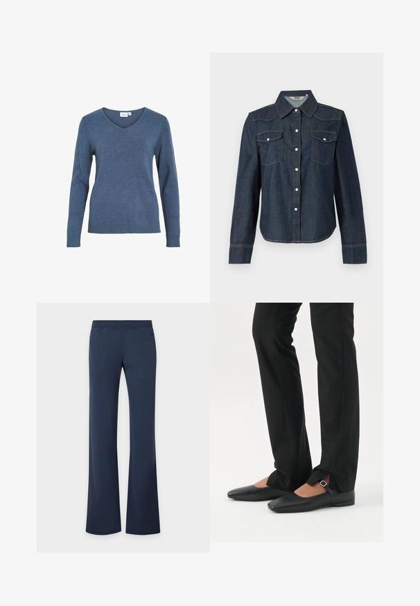 Pull bleu en V en tissu tricoté doux. Il a des manches longues et un ourlet côtelé. Design simple sans motifs ou accents supplémentaires.; Chemise en denim bleu foncé à manches longues, col pointu, deux poches poitrine et fermeture à boutons blancs. Couture contrastée le long des coutures.; Pantalon bleu marine à jambes droites avec taille élastique, présenté sur un fond clair uni.; Jambes vêtues d’un pantalon slim noir avec des fentes à l’avant de l’ourlet, assorties à des chaussures plates Mary Jane noires avec une petite bride à boucle.