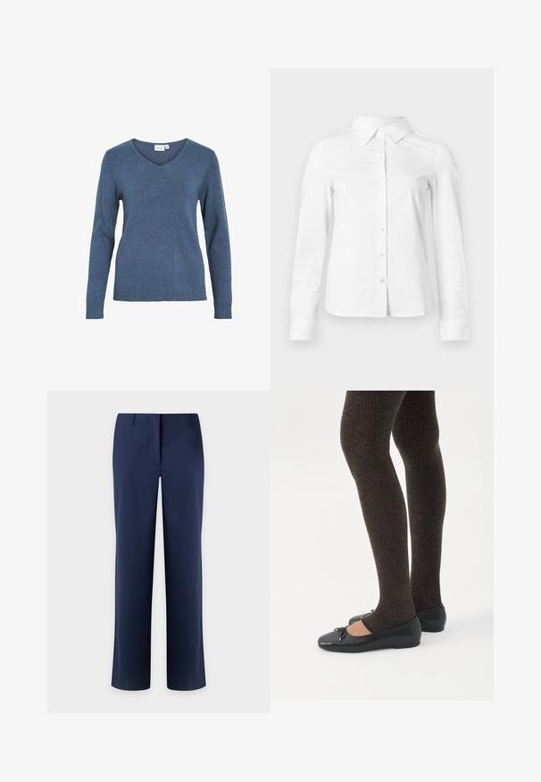 Blå v-hals sweater lavet af et blødt strikket stof. Har lange ærmer og ribkant forneden. Enkel design uden ekstra mønstre eller detaljer.; Hvid skjorte med lange ærmer, knapper, spids krave, lige kant og tætsiddende silhuet, vist på en ensartet lys baggrund.; Marineblå bukser med lige ben, bæltestropper og skjult fronlukning, vist mod en lys baggrund.; Ben iført mørke ribbede leggings kombineret med sorte balletsko med små sløjfedetaljer på hvid baggrund.
