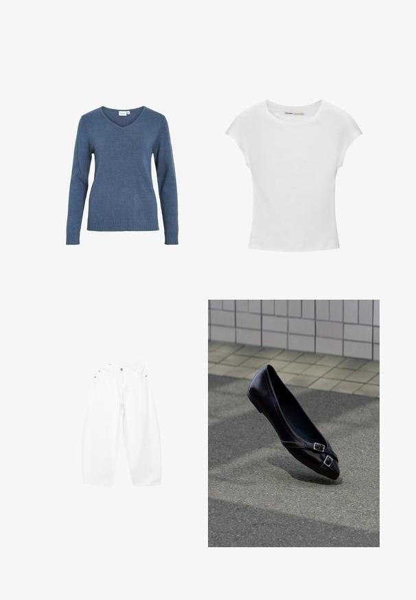 Blå v-hals sweater lavet af et blødt strikket stof. Har lange ærmer og ribkant forneden. Enkel design uden ekstra mønstre eller detaljer.; Hvid bomuld t-shirt med korte, opsmøgede ærmer, rund halsudskæring og lige kant. Glat tekstur uden synlige mønstre eller detaljer.; Hvide, brede bomuldsjeans med knap- og lynlåslukning foran, bæltestropper og femlomme-design.; Sort spids balletflat med to små sølvspænder, der svæver over asfalt nær en flisebelagt væg som baggrund.