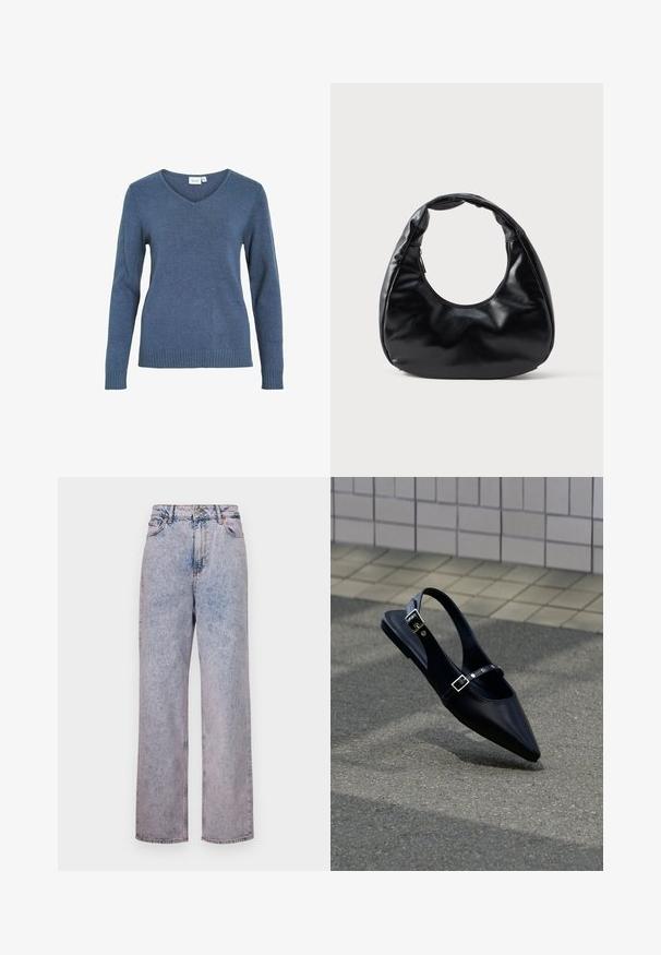 Blå v-hals sweater lavet af et blødt strikket stof. Har lange ærmer og ribkant forneden. Enkel design uden ekstra mønstre eller detaljer.; Lyseblå denimbukser med en afslappet, lige skæring, der har høj talje, fem-lomme design og bronze knapdetaljer.; Sort flad slingback med spids tå og dobbelte spænder, hvilende på grå asfalt nær flisevæg.; Sort faux læder håndtaske med en unik halvmåneform, et bredt, polstret håndtag og en lynlåslukning. Glat, blank tekstur og minimalistisk design.
