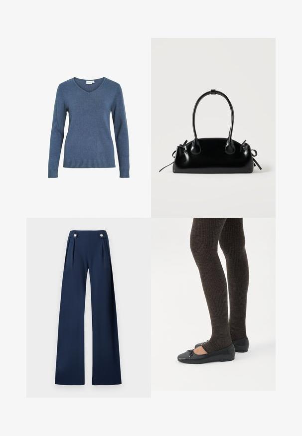 Suéter azul de cuello en V, hecho de una suave tela de punto. Presenta mangas largas y un dobladillo acanalado. Diseño simple sin patrones o acentos adicionales.; Pantalones anchos color azul marino con pliegues en la parte delantera y dos botones plateados en la cintura, confeccionados en una tela lisa y estructurada.; Piernas con leggings oscuros acanalados combinados con bailarinas negras que presentan pequeños detalles de lazo sobre un fondo blanco.; Pequeño bolso negro brillante con dos asas largas y detalles de cordón lateral sobre un fondo claro liso.