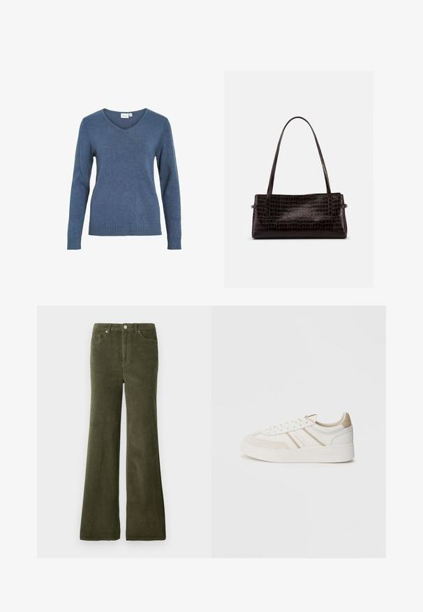 Blå v-hals sweater lavet af et blødt strikket stof. Har lange ærmer og ribkant forneden. Enkel design uden ekstra mønstre eller detaljer.; Olivengrønne fløjl bukser med flared ben, glat tekstur, for- lommer og metalknaplukning i taljen.; Hvide sneakers med beige ruskindsdetaljer, tre diagonale striber, rund tå, flad sål og tekstureret overflade. Branding på siden og hælen.; Rektangulær mørkebrun håndtaske med præget krokodilletekstur og to tynde skulderremme mod en ensfarvet baggrund.