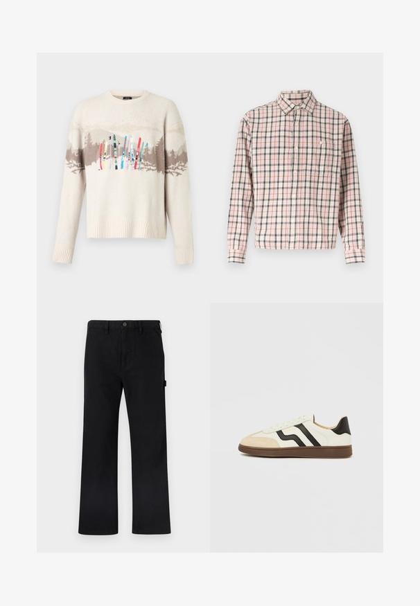 Pull en tricot crème avec motif de montagnes et forêt marron et skis brodés colorés sur la poitrine.; Chemise à manches longues boutonnée avec un motif à carreaux rose, blanc et gris, dotée d'une poche poitrine unique avec un bouton.; Pantalon en coton noir avec jambes droites, fermeture par boutons, passants pour ceinture et poches latérales. Texture lisse sans motifs apparents ni marque visible.; Baskets en cuir blanc avec bandes noires et embout en daim beige. Semelle en caoutchouc brun foncé. Lacets et col rembourré complètent le design.