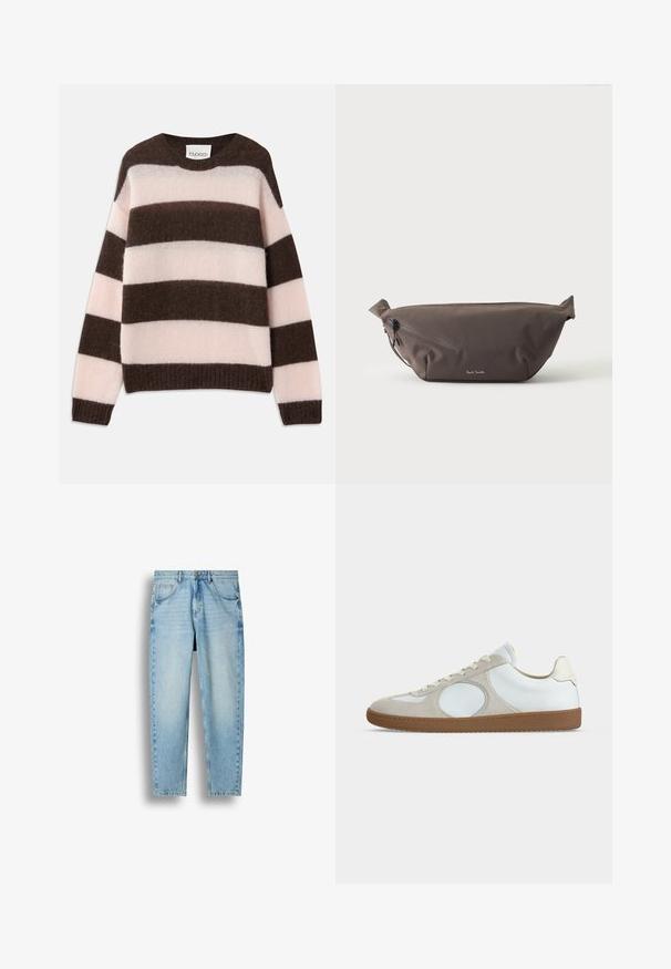 CLOSED STRIPE CREW NECK JUMPER - Striktrøje - espresso brown; Lyseblå lige ben denimjeans med fem lommer og knaplukning, vist mod en hvid baggrund.; Lavprofil casual sneaker med hvidt læderoverdel, lysebeige ruskind accents, rund tå, hvide snørebånd og gummisål.; Mørkebrun stof talje taske med diagonalt lynlåslomme og lille hvidt logo på fronten, sat mod en ensfarvet lys baggrund.