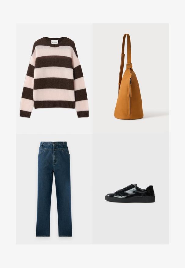 CLOSED STRIPE CREW NECK JUMPER - Svetrík - espresso brown; Tmavomodré džíny so rovnými nohavicami a vysokým pásom, s prednými vreckami a gombíkovým zapínaním. Textúrovaná tkanina s jemným vyblednutím.; Čierne lakované kožené tenisky s okrúhlou špičkou, viazaním, textúrovanou gumenou podrážkou a hladkým povrchom.; Kožená tanová taška cez rameno s nastaviteľným popruhom a vertikálnym vreckom so zipsom, zobrazená z boku na jednoduchom svetlom pozadí.
