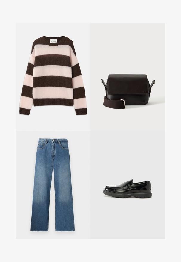 CLOSED STRIPE CREW NECK JUMPER - Striktrøje - espresso brown; Bredde ben blå denim jeans med et klassisk fem-lomme design, frontlukning med knap og let falming for tekstur.; Sort læderloafer med en blank finish, rund tå, subtile syninger og en tyk gummisål for holdbarhed.; Mørkebrun lædertaske med flaplukning og justerbar stofrem på hvid baggrund.