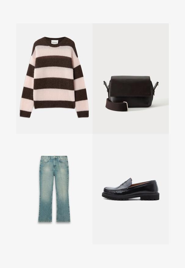 CLOSED STRIPE CREW NECK JUMPER - Svetrík - espresso brown; Svetlomodré riflové nohavice s jemným vyblednutím, rovný strih nohavíc, predné zapínanie na gombíky a päť vreciek na bielom pozadí.; Čierna kožená penny loaferka s masívnou gumovou podrážkou a vyšívaním v oblasti špičky, zobrazená v profile na bielom pozadí.; Tmavohnedá kožená crossbody taška s chlopňovým zapínaním a nastaviteľným textilným popruhom na bielom pozadí.