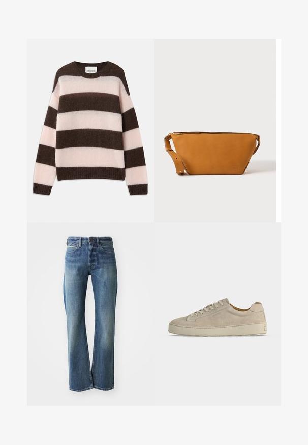 CLOSED STRIPE CREW NECK JUMPER - Svetrík - espresso brown; Džínsy z denimu v svetlom až strednom modrom odtieni, s rovnými nohavicami, klasickým päť-pocket dizajnom a jemným vyblednutím vpredu.; Béžová semišová nízka teniska so zaväzovaním na šnúrky a hrubou gumovou podrážkou, zobrazená z boku na bielom pozadí.; Svetlohnedá kožená crossbody taška s nastaviteľným popruhom a zipsovým uzáverom, zobrazená na jednoduchom svetlom pozadí.
