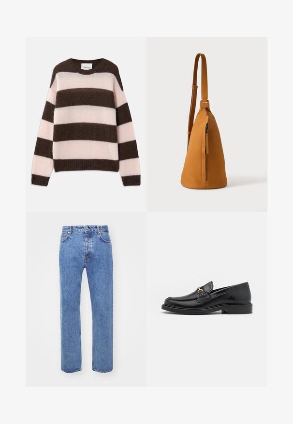 CLOSED STRIPE CREW NECK JUMPER - Striktrøje - espresso brown; Won Hundred STEVE - Jeans Relaxed Fit - cut blue; Sorte læder loafers med en rund tå, der har guld hardware accent og syningsdetaljer, placeret på en lav, tekstureret gummisål.; Tan læder crossbodytaske med justerbar rem og lodret lynlåslomme, vist fra siden mod en ensfarvet lys baggrund.