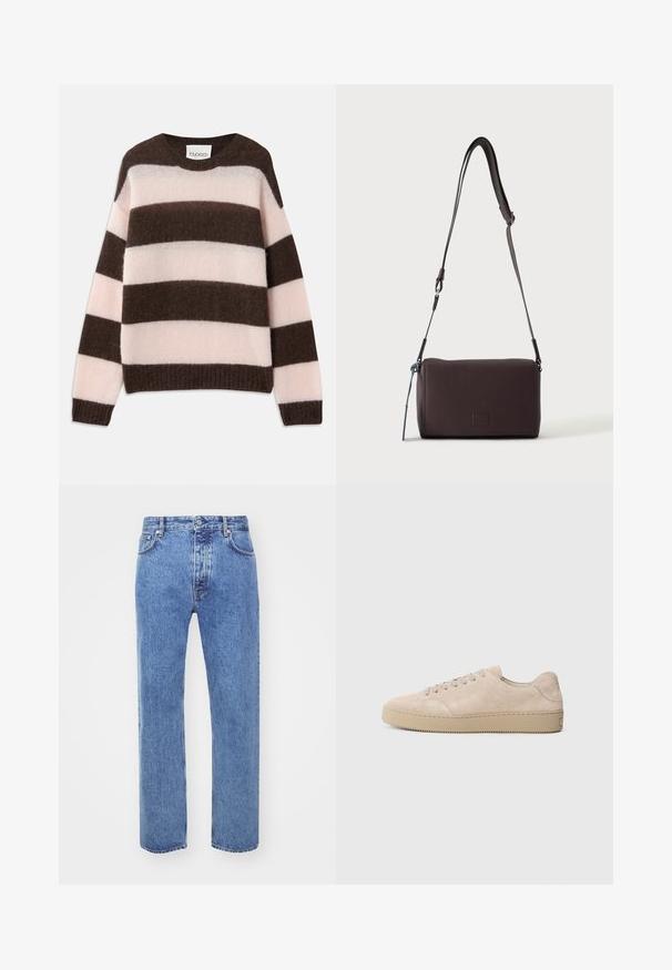 CLOSED STRIPE CREW NECK JUMPER - Trui - espresso brown; Won Hundred STEVE - Relaxed fit jeans - cut blue; Beige suede sneaker met een ronde neus, platte veters en een gestructureerde rubberen zool. Minimalistisch ontwerp met gladde randen en subtiele stiksels.; Donkerbruine gestructureerde leren crossbodytas met verstelbare riem en klein decoratief blauw accent aan de zijkant.