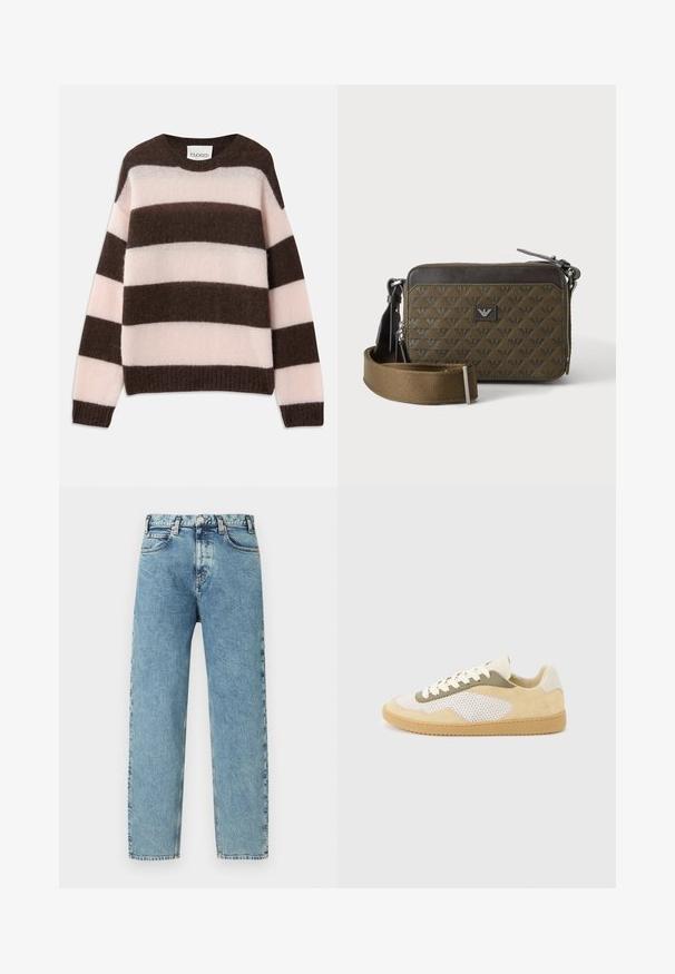 CLOSED STRIPE CREW NECK JUMPER - Πουλόβερ - espresso brown; Τζιν παντελόνι ανοιχτού μπλε χρώματος με ίσια γραμμή στα πόδια, πέντε τσέπες και κούμπωμα με ορειχάλκινο κουμπί. Το ύφασμα έχει ελαφρώς υφασμένη, ξεθωριασμένη εμφάνιση.; Αθλητικό παπούτσι χαμηλού πάτου με μπεζ σουέτ, λευκά πάνελ από δίχτυ, ελαιδί λεπτομέρειες, λευκά κορδόνια και σόλα από καουτσούκ χρώματος καραμέλας σε ανοιχτό γκρι φόντο.; Μικρό ορθογώνιο καφέ τσαντάκι χιαστί με υφή στο μοτίβο, λογότυπο μπροστά, κλείσιμο με φερμουάρ και φαρδιά ρυθμιζόμενη ράγα.