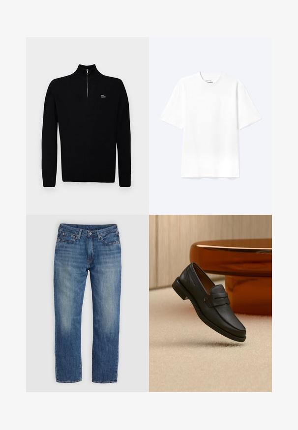 Suéter ligero negro con cuello de media cremallera, con puños y dobladillo acanalados, que presenta un pequeño logo verde en el pecho.; Camiseta lisa blanca de manga corta y cuello redondo con un corte relajado, mostrada sobre un fondo claro.; Vaqueros de mezclilla azul con corte recto en las piernas, con zonas descoloridas, diseño de cinco bolsillos y herrajes metálicos. Aspecto clásico y versátil.; Mocasín de hombre de cuero negro con una banda en la parte superior, exhibido sobre una alfombra beige cerca de una mesa circular moderna marrón.