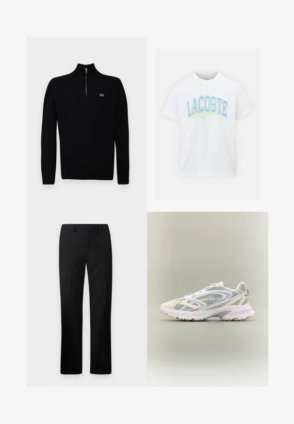 Sort letvægts sweater med halv-zip krave, ribbede manchetter og kant, med et lille grønt logo på brystet.; Hvid bomuld t-shirt med blå og grøn "LACOSTE" grafiktekst på fronten med en krokodilleaccent nedenfor. Standard crew neck design.; Sorte skræddersyede bukser med lige ben-design, lavet af glat stof. Funktioner inkluderer en flad front og mid-rise talje.; Hvid atletiksko med grå mesh-paneler, teksturerede overlejringer, en polstret krave og en gummisål med små grebspidser.