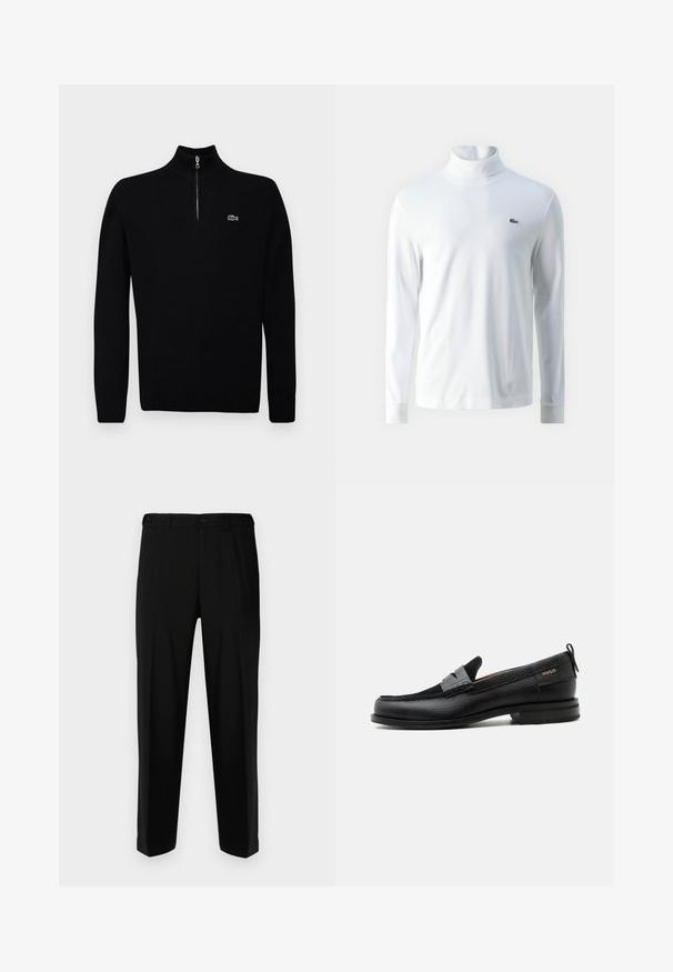 Zwarte lichtgewicht trui met een halve rits kraag, ribgebreide manchetten en zoom, met een klein groen logo op de borst.; Witte lange mouw turtleneck shirt van zachte stof, met een klein groen geborduurd logo op de borst en aansluitende manchetten.; Zwarte broek van gladde stof, met een rechte snit, twee voorzakken en een ritssluiting met knoopsluiting.; Zwarte leren loafer met grijs riemdetailelement, lage hak en gestructureerde zool, aan de zijkant gebrandmerkt met "HUGO" in goud.
