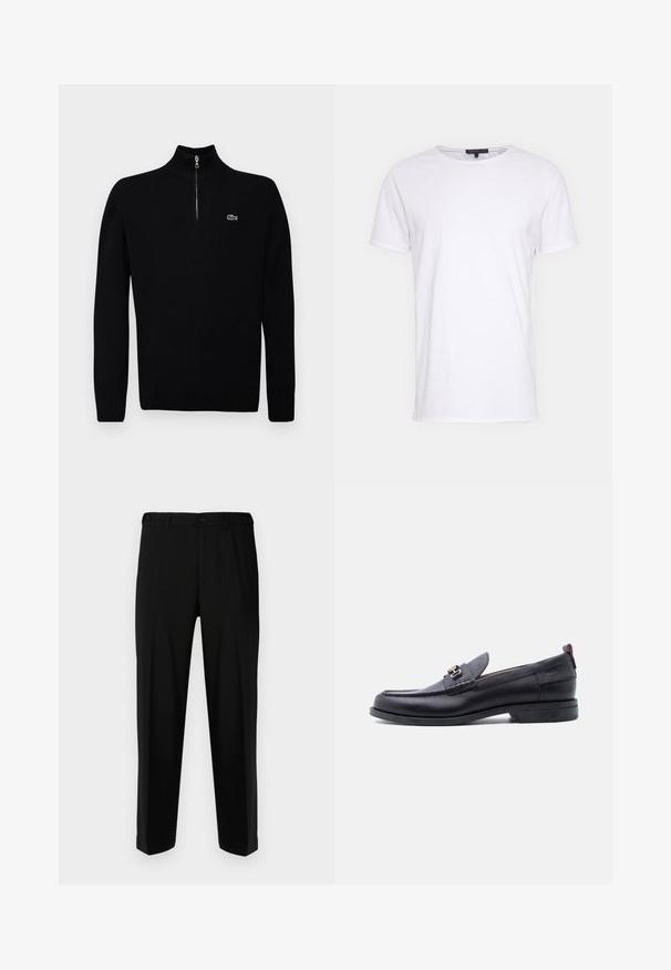 Sort letvægts sweater med halv-zip krave, ribbede manchetter og kant, med et lille grønt logo på brystet.; Hvid bomulds t-shirt med rund halsudskæring, korte ærmer og lige snit. Har en enkel, glat overflade uden yderligere mønstre.; Sorte bukser lavet af glat stof, med lige snit, to forlommer og lynlås med knaplukning.; Sort lædermokasin med grå tekstureret forfod, sølvfarvet metalspænde, lav hæl og trækflap bagpå.