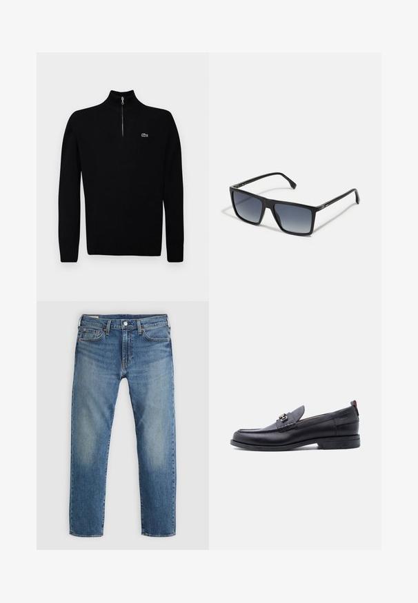 Suéter ligero negro con cuello de media cremallera, con puños y dobladillo acanalados, que presenta un pequeño logo verde en el pecho.; Jeans de mezclilla azul con un corte recto, que presentan un desgaste en los muslos, cinco bolsillos y un cierre de botón plateado en la cintura.; Mocasín de cuero negro con empeine gris texturizado, detalle de hebilla metálica plateada, tacón bajo y lengüeta para tirar en la parte trasera.; Gafas de sol rectangulares negras con lentes degradados de oscuros a claros. Montura de plástico con diseño elegante y mínima decoración en los laterales.