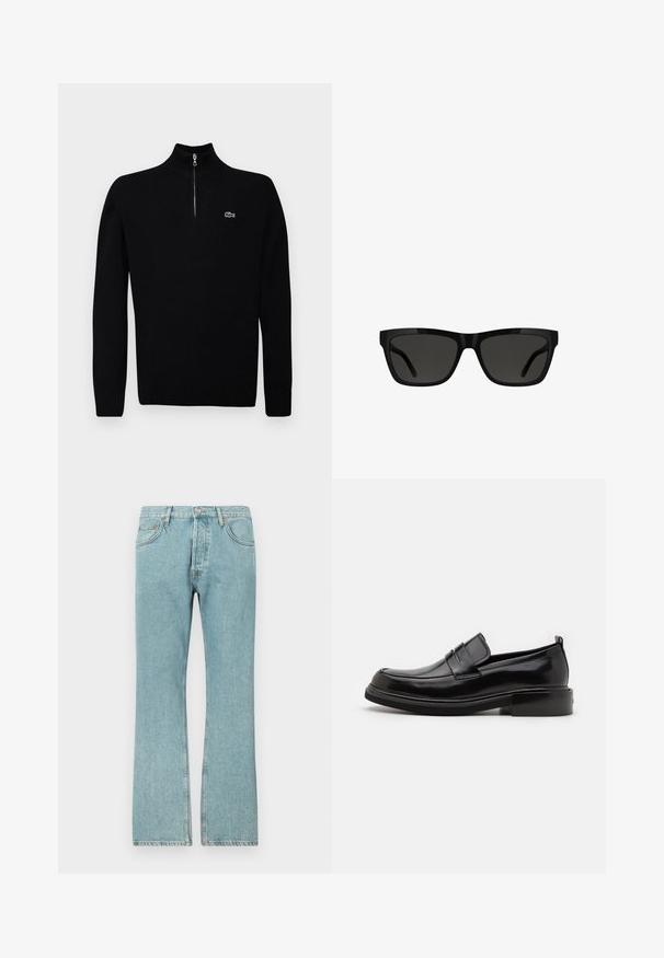 Sort letvægts sweater med halv-zip krave, ribbede manchetter og kant, med et lille grønt logo på brystet.; Lysblå denimjeans med lige ben-design, der har fem lommer og en knaplukning. Synlige sømme og frynsedetaljer i kanten.; Calvin Klein MOCCASIN - Business loafers - black; Sorte solbriller med en rektangulær form, blank plastikkant, mørke linser og et slankt stelldesign, egnet til forskellige ansigtsformer.