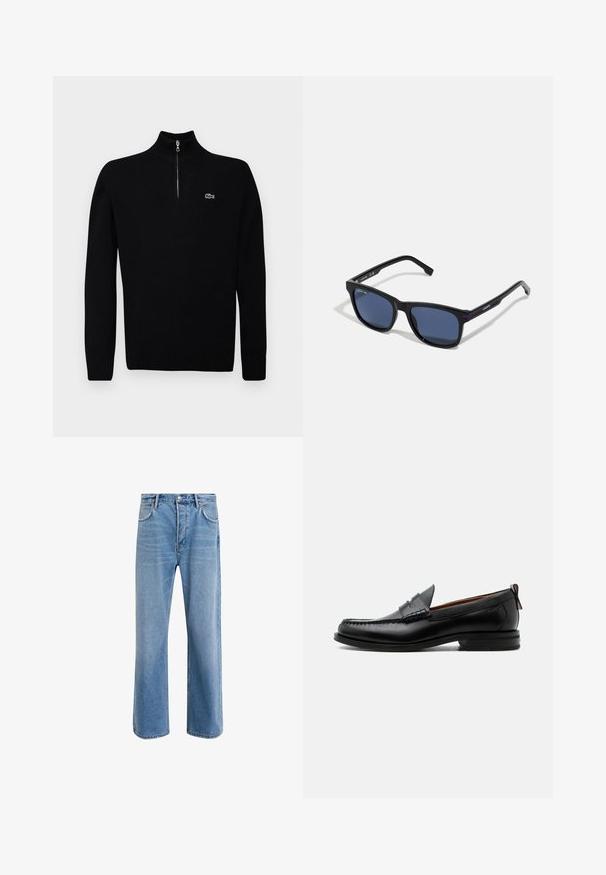 Sort letvægts sweater med halv-zip krave, ribbede manchetter og kant, med et lille grønt logo på brystet.; Lyseblå denim jeans med lige ben-design, fem lommer, knaplukning, minimal falming og kontraststingdetaljer.; Sort læder herre loafer med moc-tå syning, penny strop, struktureret krave og lav stablet hæl på hvid baggrund.; Sorte firkantede solbriller med mørkeblå linser. Har blå og røde accenter på stængerne, lavet af et holdbart materiale.