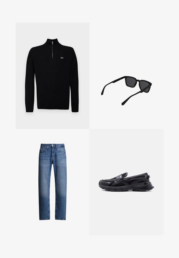 Sort letvægts sweater med halv-zip krave, ribbede manchetter og kant, med et lille grønt logo på brystet.; Blå denimjeans med lige pasform, fem lommer og lynlås. Har en let falmet effekt og syninger langs sømmene.; Sort slip-on sneaker med tyk tekstureret sål og meshpaneler, designet til afslappet og atletisk brug.; Sorte rektangulære solbriller med tykke stel og mørke linser vist i en let vinkel mod en hvid baggrund.
