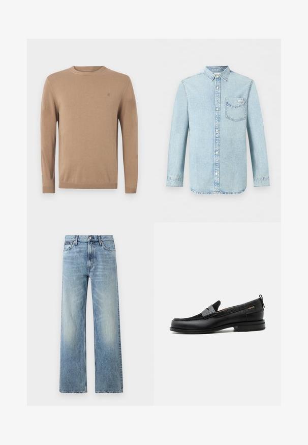 Beige strikket sweater med rund hals, lange ærmer og et lille logo på brystet. Har ribbede manchetter og kant for en tætsiddende pasform.; Lyseblå denim-skjorte med lange ærmer, knaplukning foran, enkelt brystlomme med Calvin Klein-logo og spids krave.; Lyseblå denim jeans med lige ben, højt talje, fem lommer, knaplukning og diskrete falmede områder på lår og knæ.; Sort læderloafer med grå remdetalje, lav hæl og tekstureret sål, mærket med "HUGO" i guld på siden.