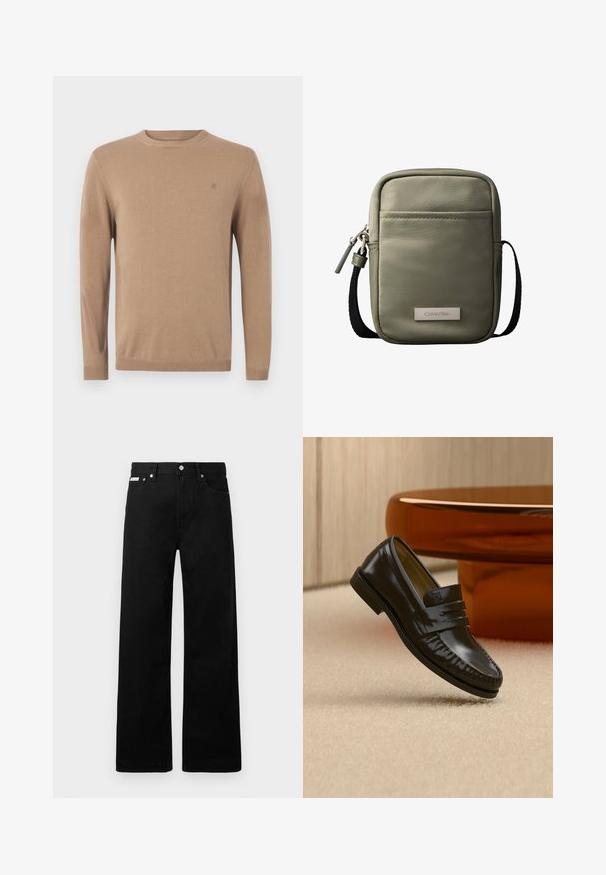 Beige strikket sweater med rund hals, lange ærmer og et lille logo på brystet. Har ribbede manchetter og kant for en tætsiddende pasform.; Sorte denimbukser med bred ben-design, der har fem lommer og metallisk knapdetalje. Glat tekstur, uden synlige mønstre.; Skinnende sort læderloafer med remdetalje, placeret på beige tæppe nær et rundt brunt sofabord i et blødt oplyst rum.; Kompakt korsbodytaske i olivengrøn med forlomme, sort justerbar rem, lynlåslukning og Calvin Klein logo-plakette.