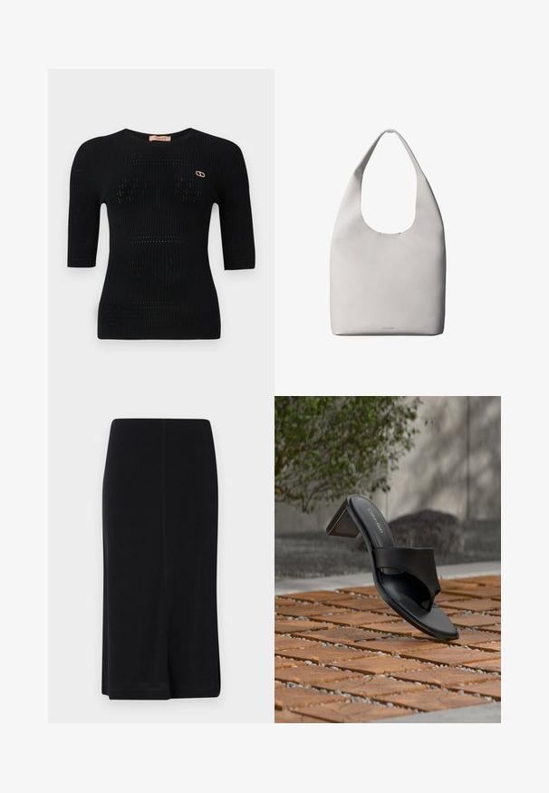 Top de punto acanalado negro con mangas cortas, que presenta patrones sutiles y un acento de logotipo dorado cerca del escote.; Falda negra hasta la rodilla hecha de una tela suave, con una silueta recta, diseño simple y aberturas laterales para mayor facilidad de movimiento.; Sandalia de tacón negra de Calvin Klein con lazo en el dedo sobre un suelo de baldosas de madera al aire libre, cerca de un árbol y un muro de piedra.; Bolso tote de cuero blanco con una sola correa para el hombro, textura suave y logo discreto de Calvin Klein cerca del centro inferior.